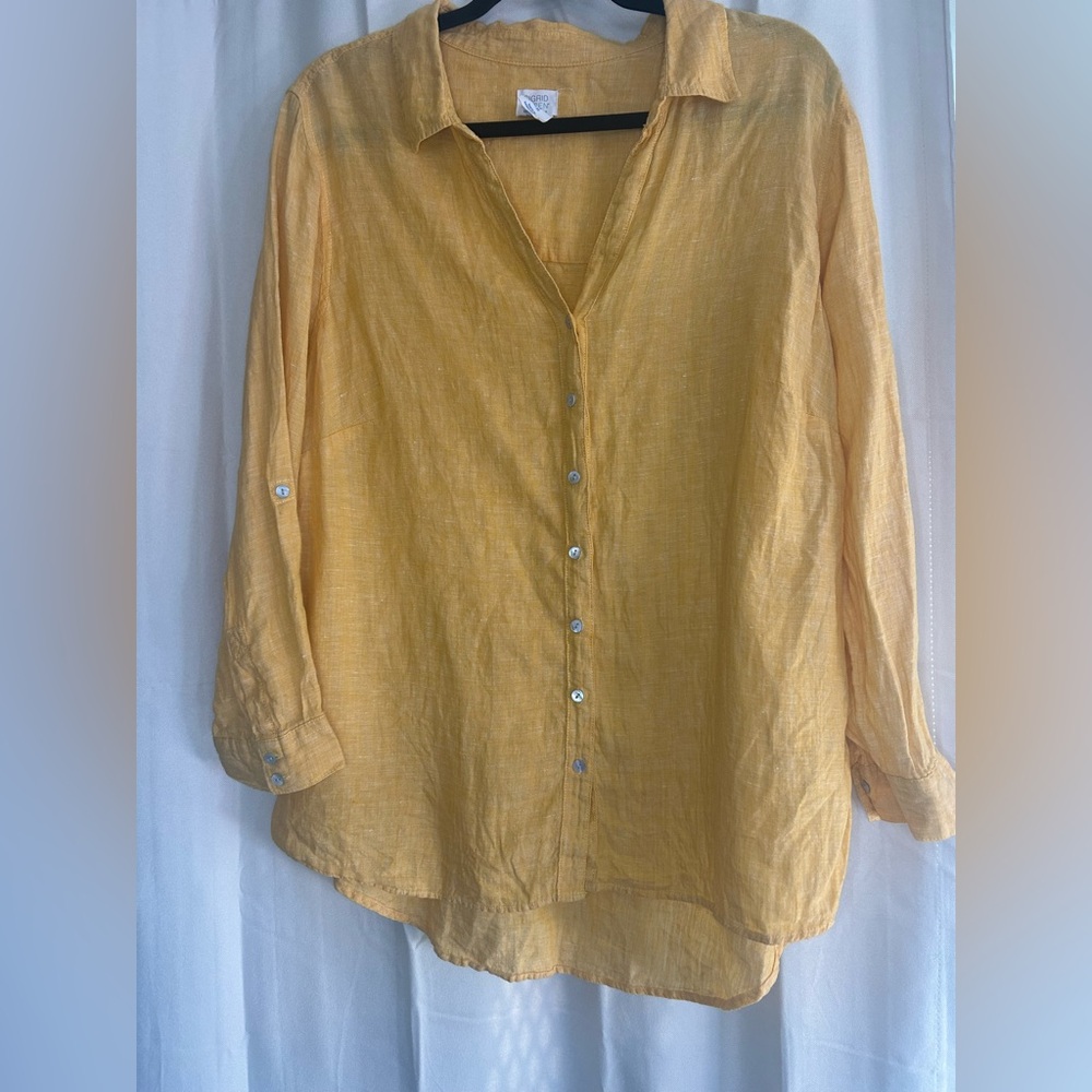 Sigrid Olsen Long Sleeve Orange Button Linen High Low Top Blouse 1x Beachy